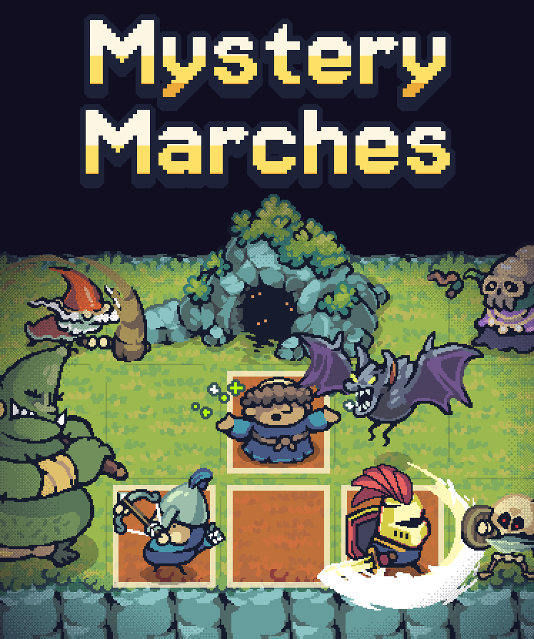 A knight in gold armour, an archer and a monk on a grassy island, ringed by an ogre, a giant bat, a skull shaman, a minotaur and more monsters.
